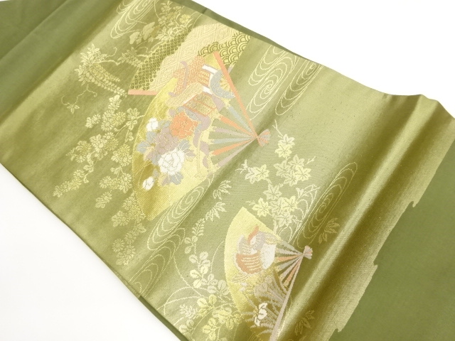 扇に御所車・花葉・鴛鴦模様織出し名古屋帯